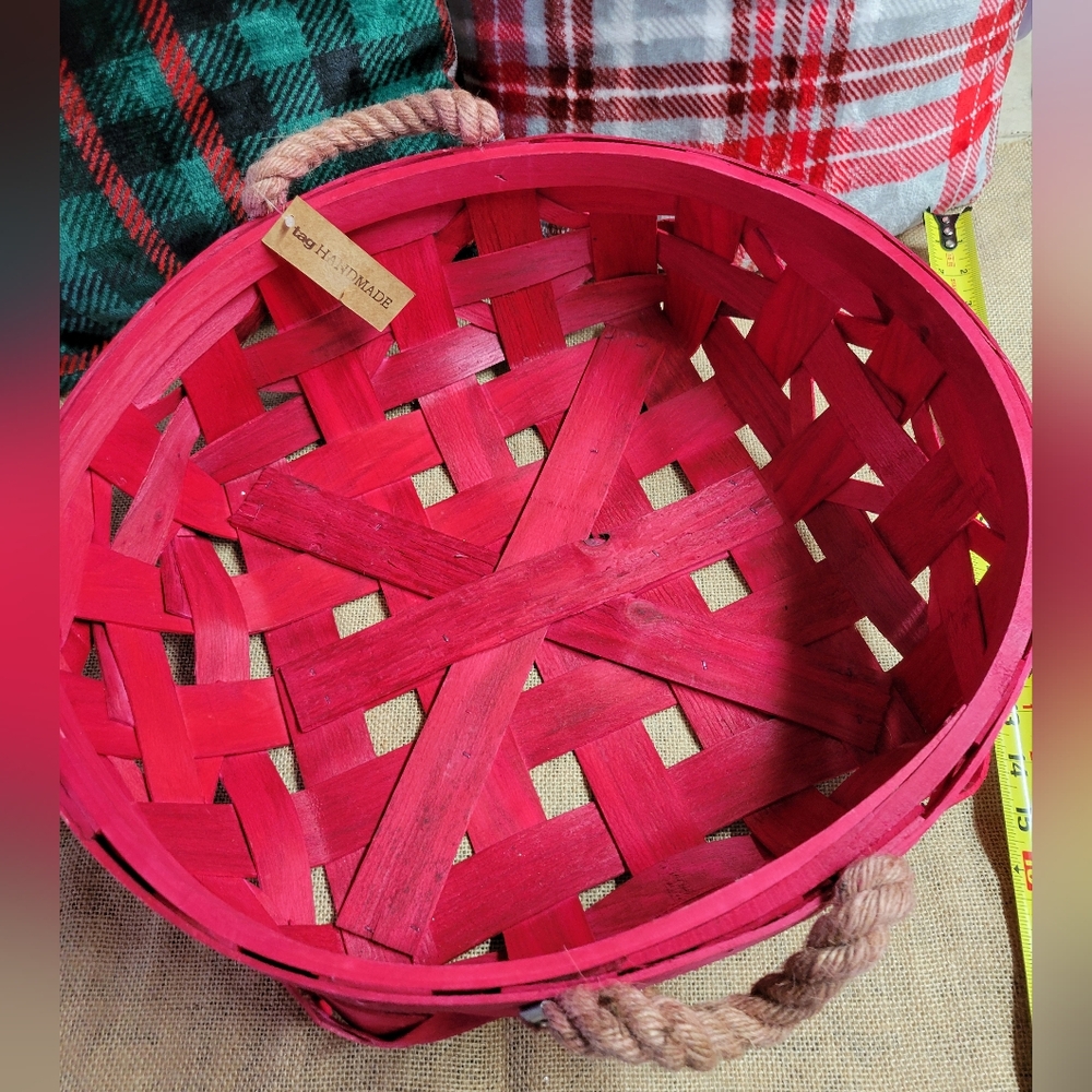 Tag handcrafted red basket with rope handles-red
